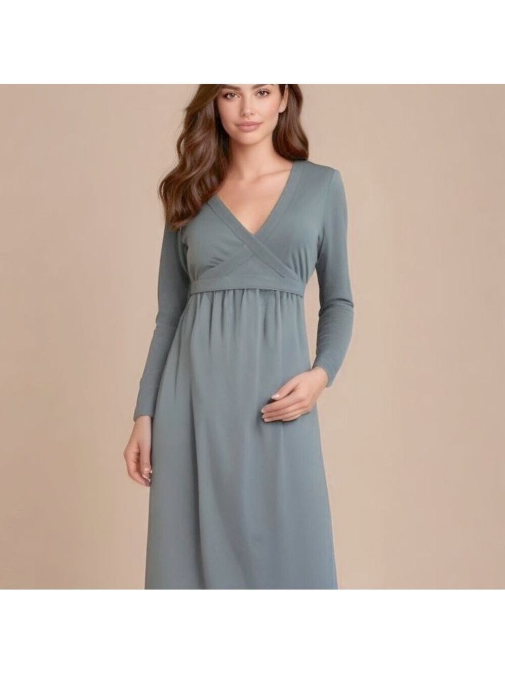 70s JOAN LESLIE GRAY BLUE COTTAGECORE LONG SLEEVE V-NECK MIDI DRESS W SASH SZ 6